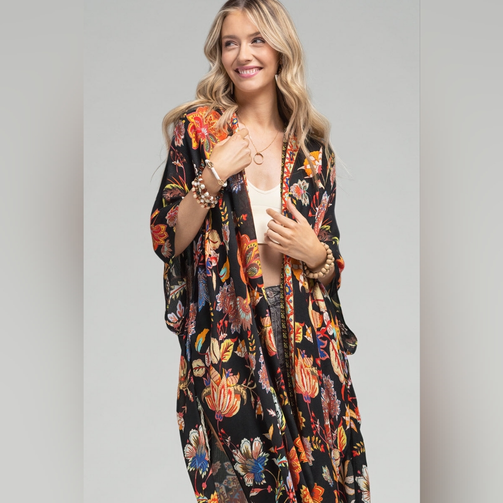 Bohemian Moroccan & Floral Print Kimono w/ Side Slits - Rich Deep Colors - Picture 4 of 5